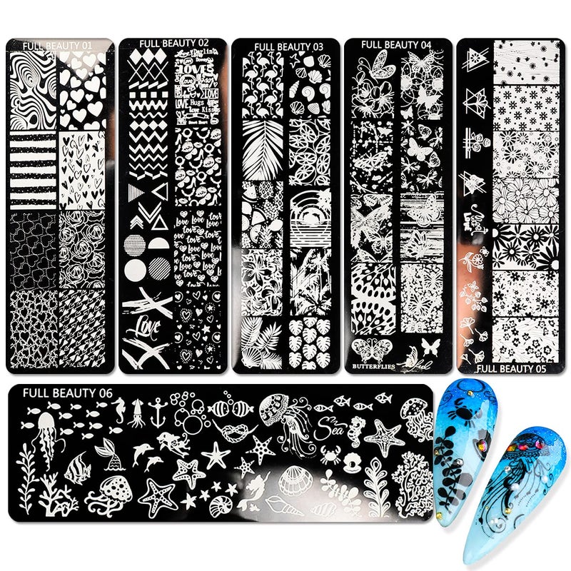 SILPECWEE 6Pcs Nail Stamp Plates Heart Natural Flower Ocean Design Nail Stamping Templates Manicure SalonDIY Accessories