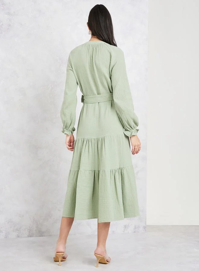 Styli Tiered Button-Up Dress