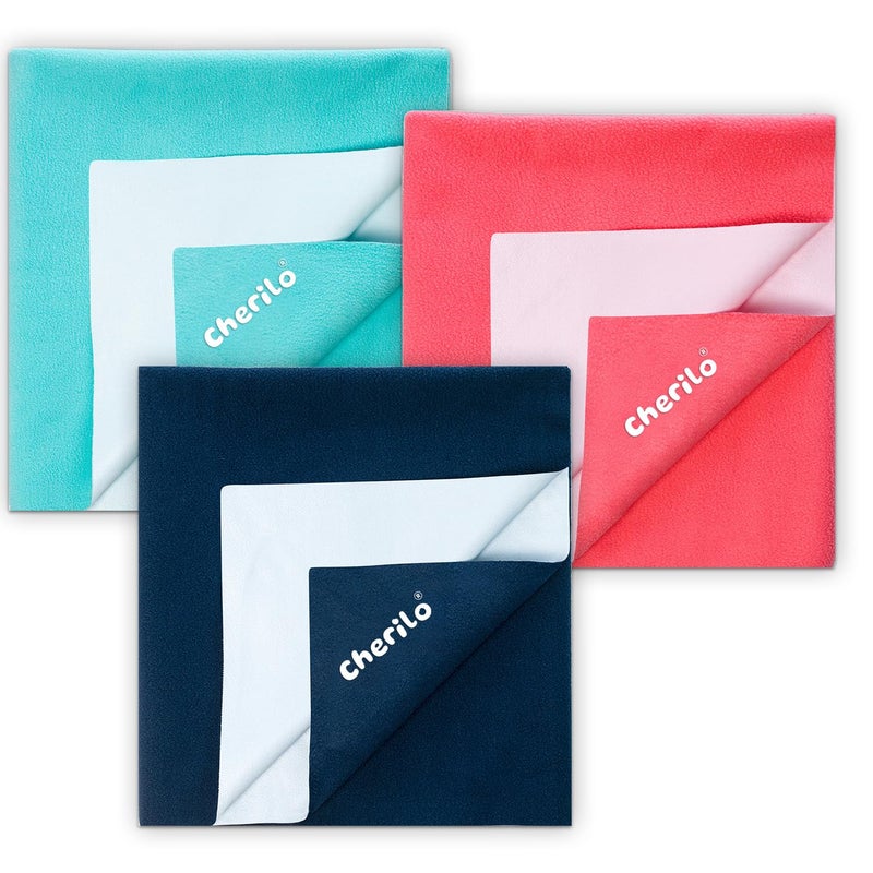 Cherilo Waterproof Reusable Baby Dry Sheet Medium Size 70 X 100cm Pack of 3 Navy Blue Salmon Rose Sea Green - Image 1