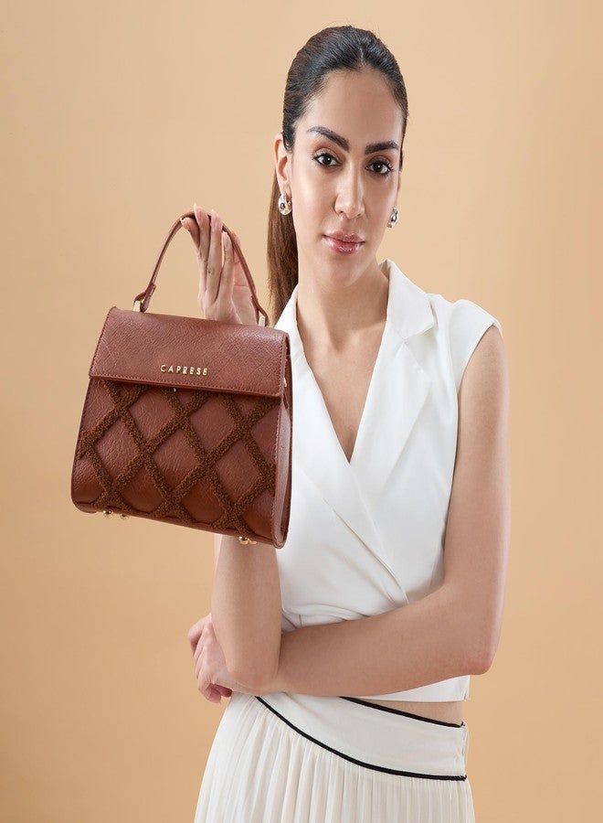Caprese Athena Small Chenille Embroidery Faux Leather Satchel for Women | Elegant Multi-Compartment Shoulder Handbag with Adjustable & Detachable Strap | Premium Magnetic Button Closure (Tan) - Image 2