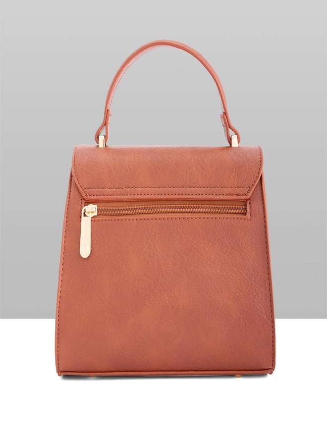 Caprese Athena Small Chenille Embroidery Faux Leather Satchel for Women | Elegant Multi-Compartment Shoulder Handbag with Adjustable & Detachable Strap | Premium Magnetic Button Closure (Tan) - Image 5