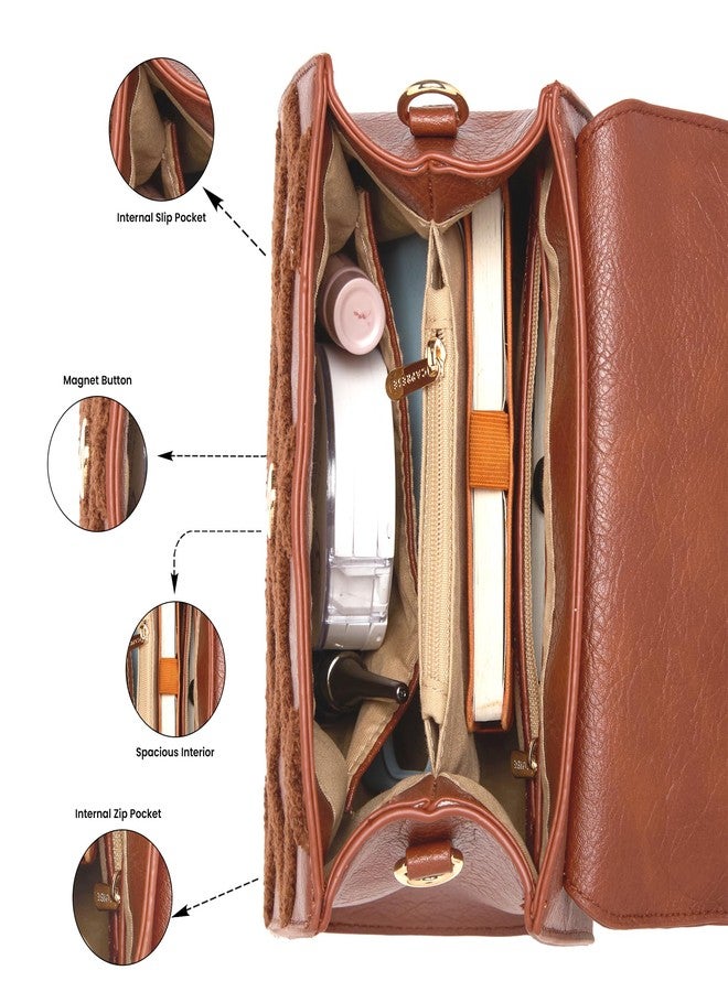 Caprese Athena Small Chenille Embroidery Faux Leather Satchel for Women | Elegant Multi-Compartment Shoulder Handbag with Adjustable & Detachable Strap | Premium Magnetic Button Closure (Tan) - Image 4