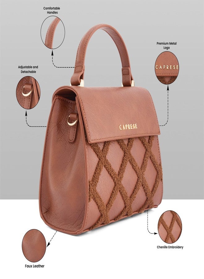 Caprese Athena Small Chenille Embroidery Faux Leather Satchel for Women | Elegant Multi-Compartment Shoulder Handbag with Adjustable & Detachable Strap | Premium Magnetic Button Closure (Tan) - Image 3