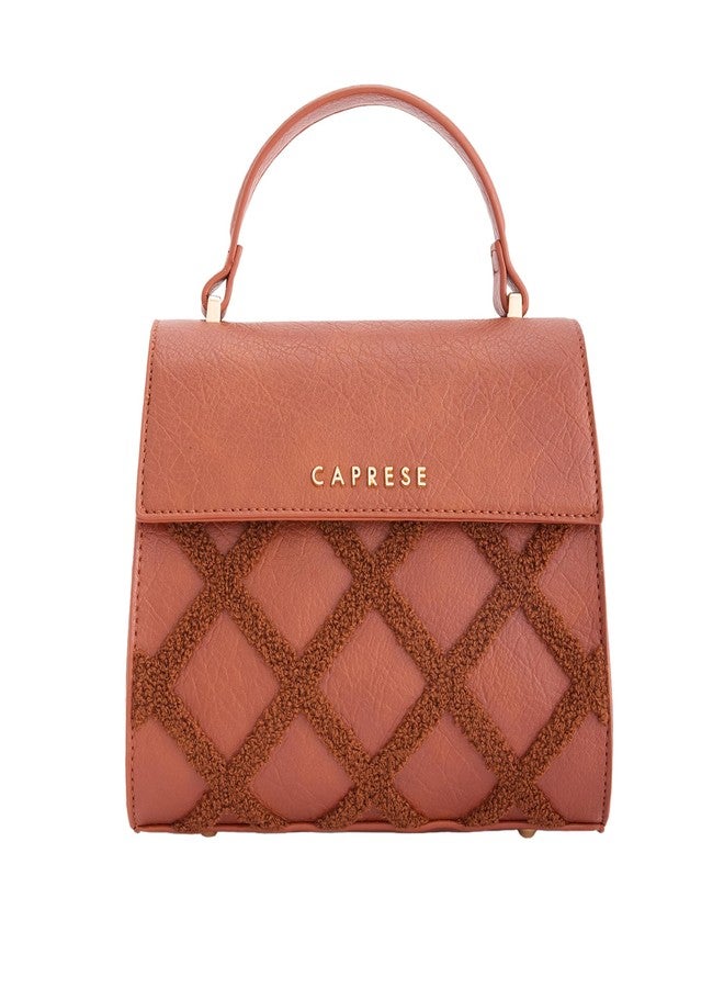 Caprese Athena Small Chenille Embroidery Faux Leather Satchel for Women | Elegant Multi-Compartment Shoulder Handbag with Adjustable & Detachable Strap | Premium Magnetic Button Closure (Tan) - Image 1