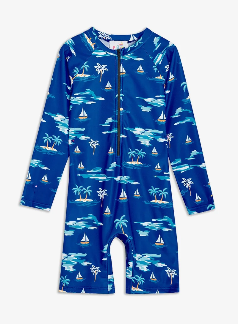 Pinata Palm Print Long Sleeve All-In-One Swimsuit