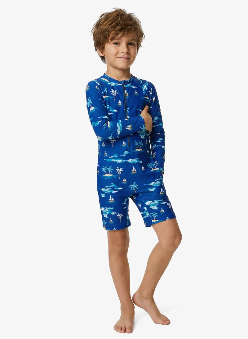 Pinata Palm Print Long Sleeve All-In-One Swimsuit