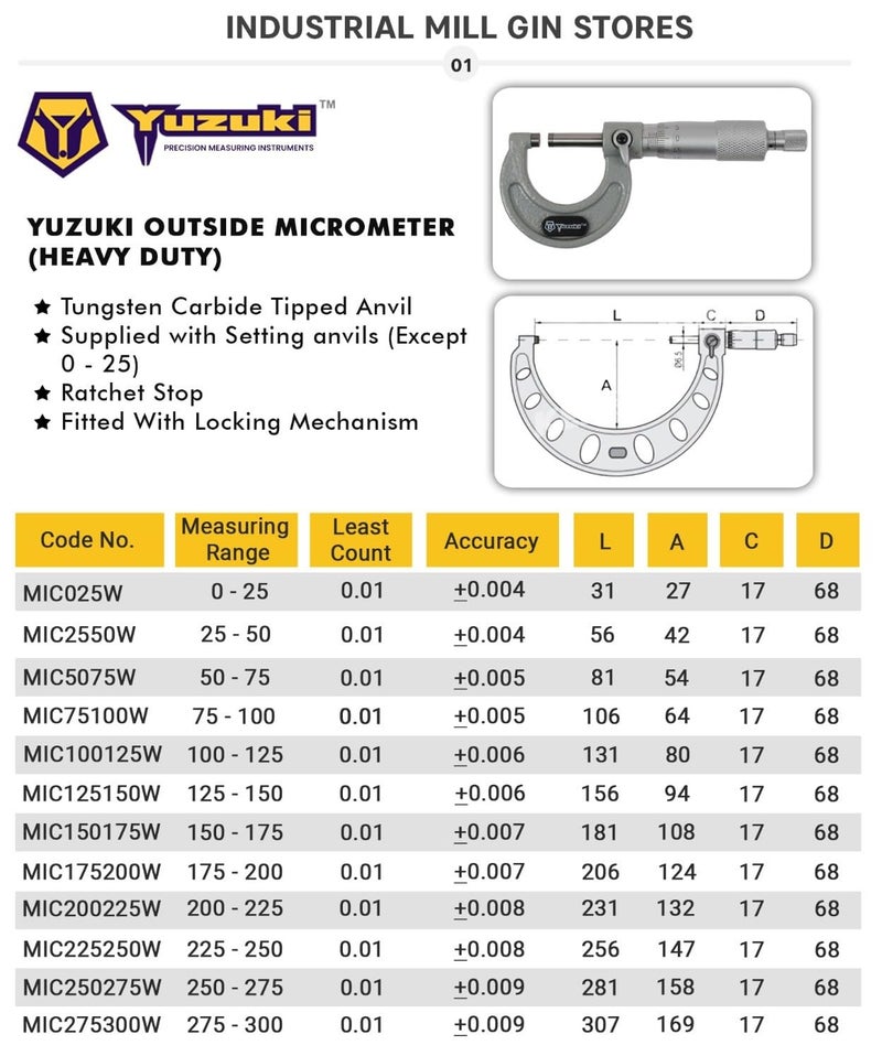 YUZUKI Outside Micrometer 0-25mm – Precision Measurement Tool, Silver Finish, High-Accuracy Caliper for External Dimensions - Image 2