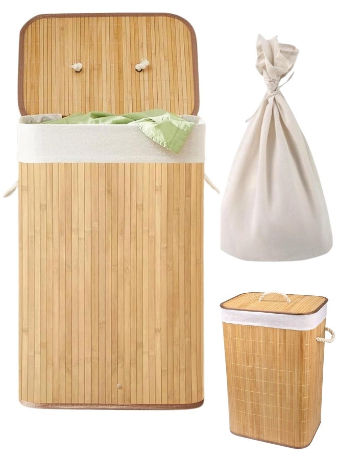 Natural Bamboo Laundry Basket 45L Capacity – Foldable Dirty Clothes Hamper with Lid and Side Handles 50 x 35 x 25 cm, Removable Inner Bag, Kids Toy Storage Box - Image 1