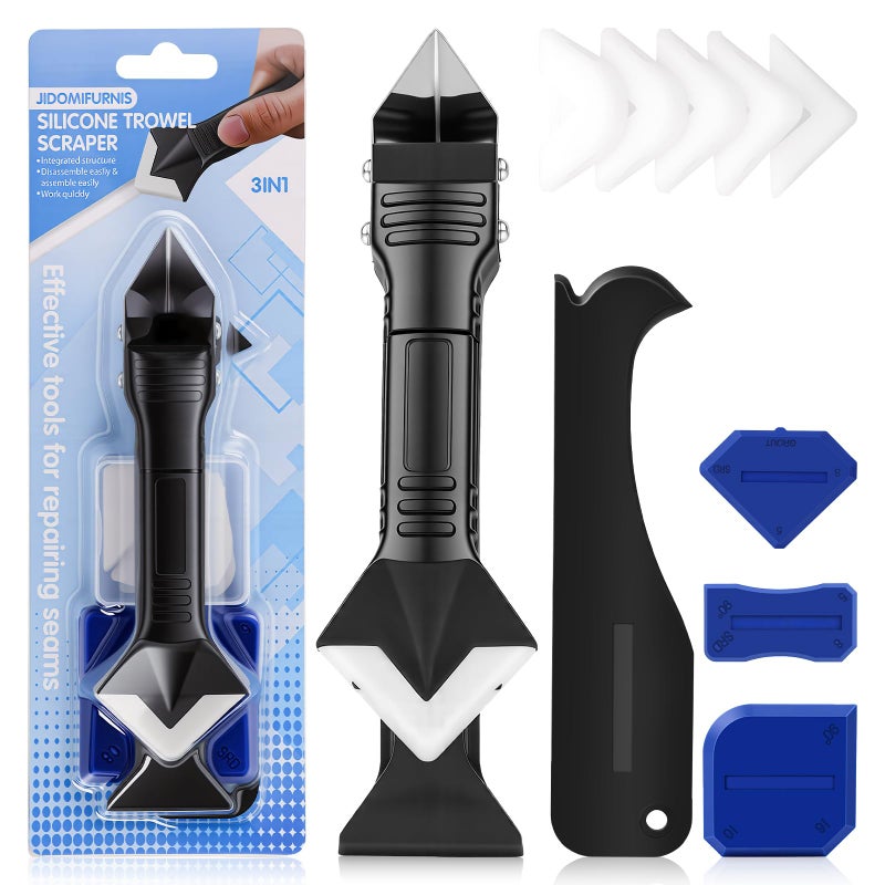 Jidomifurnis 3 in 1 Silicone Caulking Tools, Glass Glue Angle Scraper, Stainless Steelhead Caulk Remover and Sealant Scraper, for Kitchen Bathroom Window and Frames Sealant Seals - Image 1