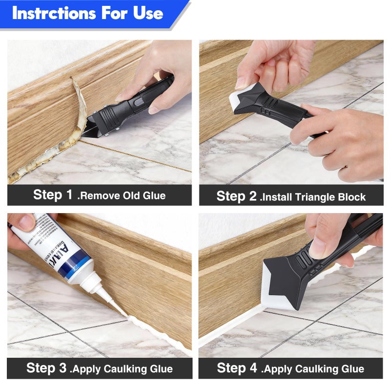 Jidomifurnis 3 in 1 Silicone Caulking Tools, Glass Glue Angle Scraper, Stainless Steelhead Caulk Remover and Sealant Scraper, for Kitchen Bathroom Window and Frames Sealant Seals - Image 5