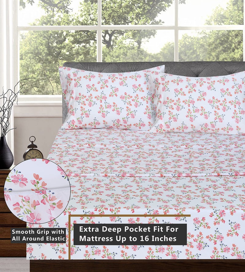 RUVANTI 100% Cotton Sheets â€“ Queen Size Percale Bedding, Cooling & Breathable Floral Design, Durable with a Crisp, Soft & Comfortable Feel, 16" Deep Pocket, 4-Piece Set, Bloomex - Image 3
