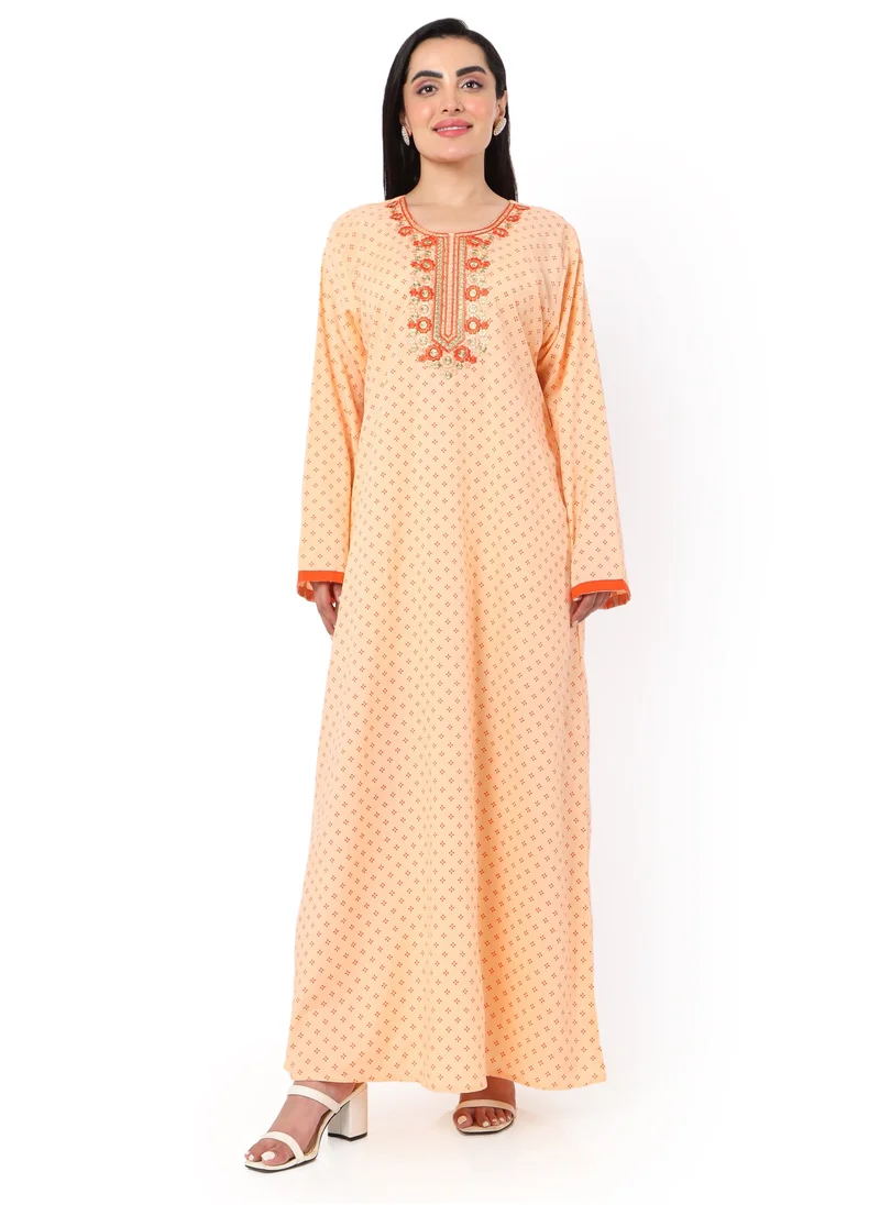 HANA & SARA FLORAL FRONT NECK EMBROIDERED WITH PRINTED ORANGE COLOUR ARABIC KAFTAN JALABIYA DRESS