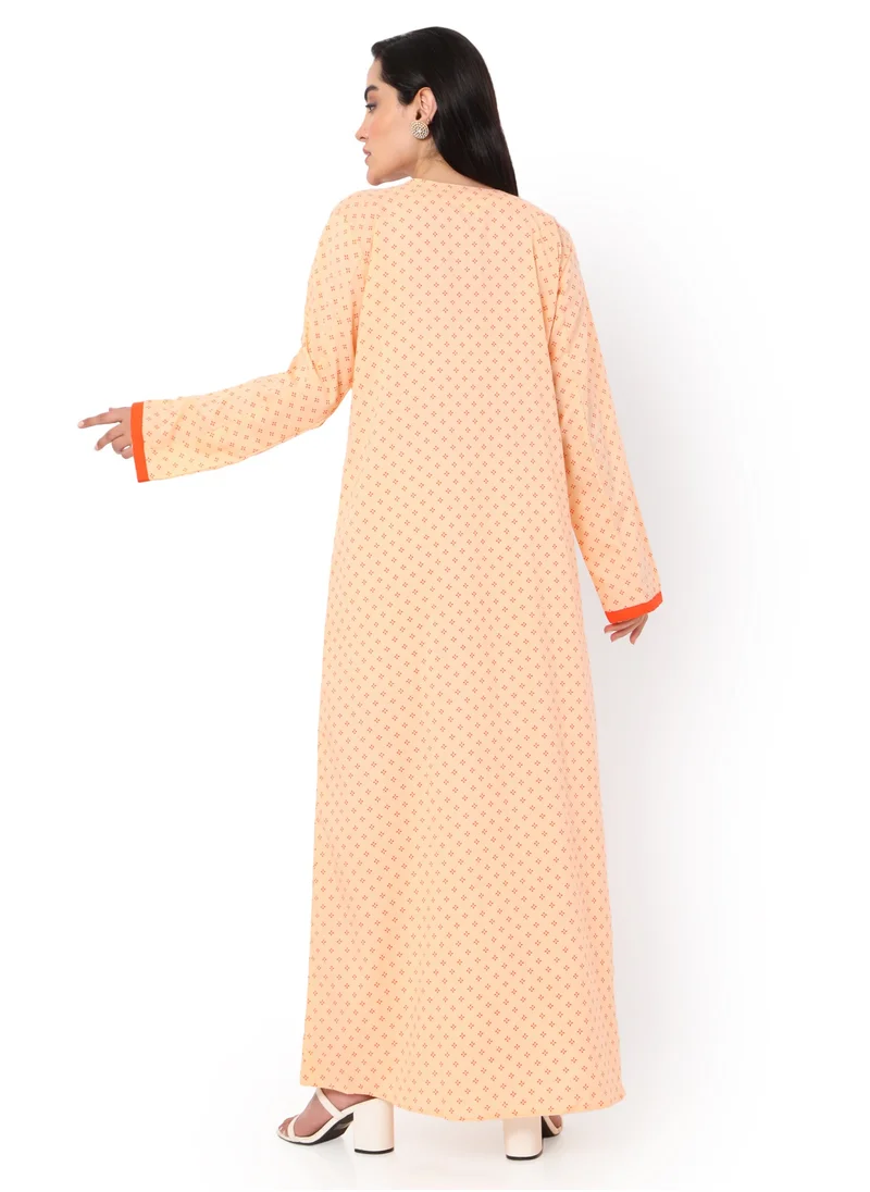 HANA & SARA FLORAL FRONT NECK EMBROIDERED WITH PRINTED ORANGE COLOUR ARABIC KAFTAN JALABIYA DRESS