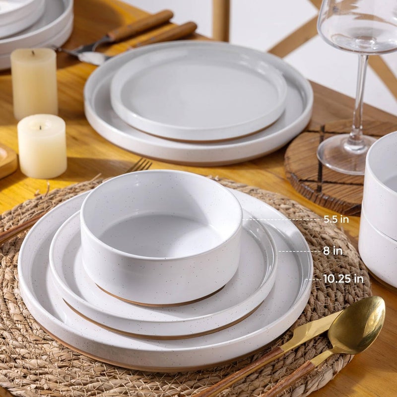 AmorArc طقم أدوات المائدة الخزفية AmorArc لـ 4 أشخاص أطباق وأوعية من الحجر الخزفي المنقط مع تيراكوتا غير مزججة مقاومة للخدش آمنة في غسالة الصحون والميكروويف 12 قطعة بيضاء حليبية - Image 2