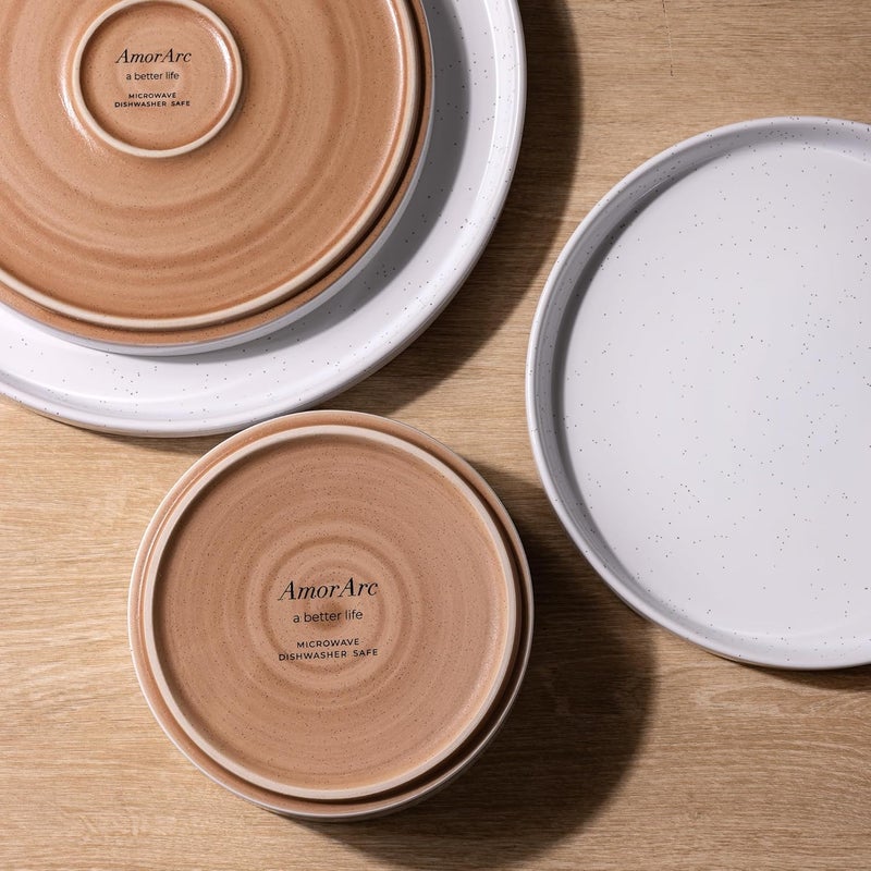 AmorArc طقم أدوات المائدة الخزفية AmorArc لـ 4 أشخاص أطباق وأوعية من الحجر الخزفي المنقط مع تيراكوتا غير مزججة مقاومة للخدش آمنة في غسالة الصحون والميكروويف 12 قطعة بيضاء حليبية - Image 5