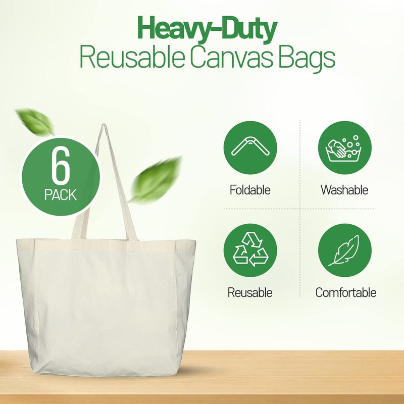 Greenmile Greenmile 6 Pack Canvas Reusable Grocery Bags - Cotton Canvas Grocery Bag Cloth Shopping Tote With Long Handles Bulk - Heavy Duty Grocery Tote Bag - Large  Foldable and Lightweight - Capacity 40 lbs - Image 2
