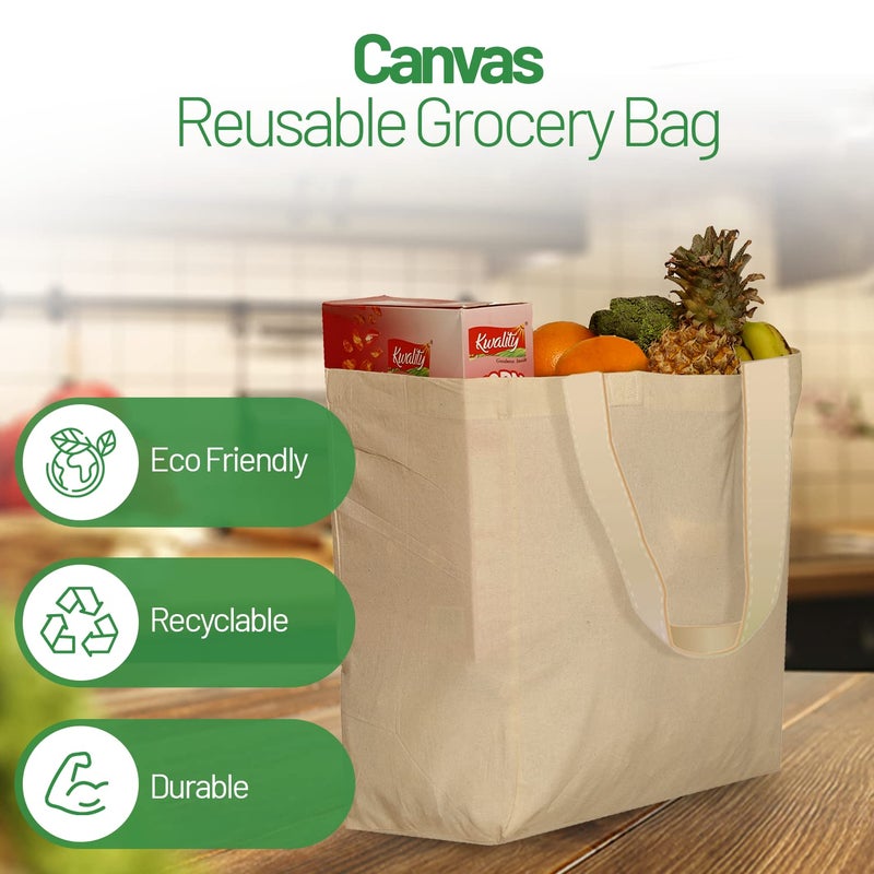 Greenmile Greenmile 6 Pack Canvas Reusable Grocery Bags - Cotton Canvas Grocery Bag Cloth Shopping Tote With Long Handles Bulk - Heavy Duty Grocery Tote Bag - Large  Foldable and Lightweight - Capacity 40 lbs - Image 4