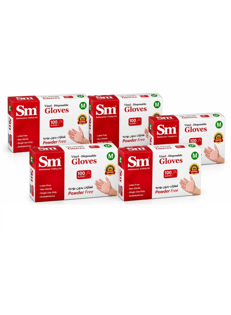 SM 5 Boxes Clear Vinyl Disposable Gloves, Powder-Free, 100 Gloves per Box (500 Gloves Total), Size M, Latex-Free, Single Use for Medical, Food Handling & Household Use - Image 1