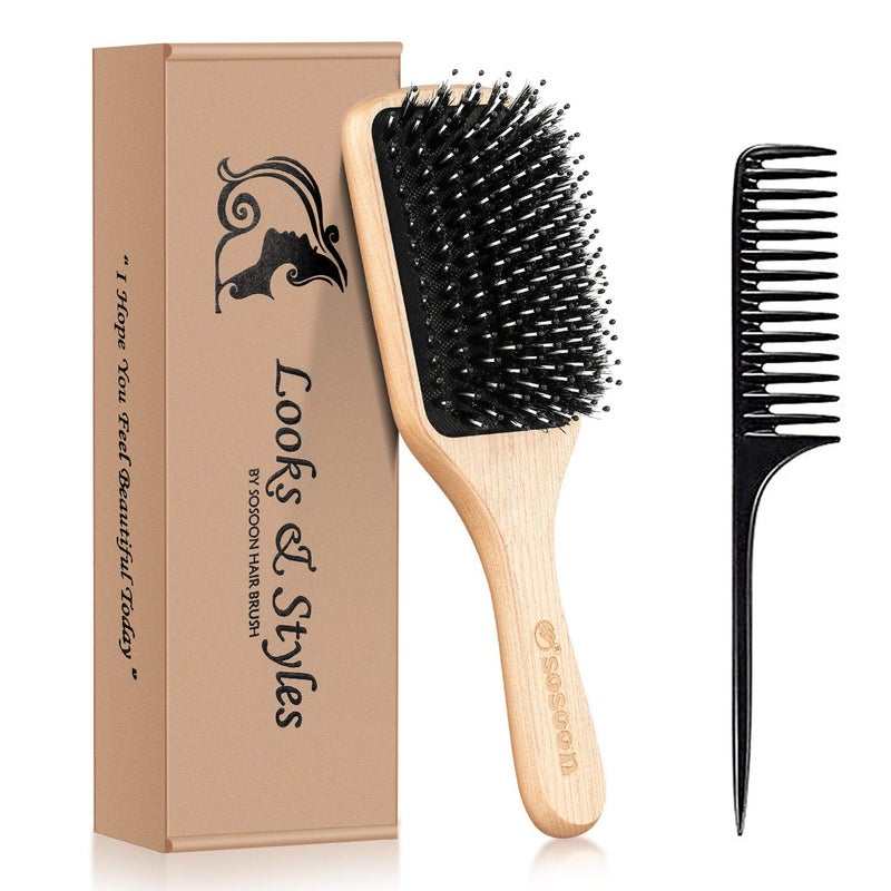 Sosoon Hair Brush, Boar Bristle Paddle Hairbrush for Long Short Thick Thin Curly Straight Wavy Dry Hair for Men Women Kids, No More Tangle, Giftbox & Tail Comb Included - Image 1