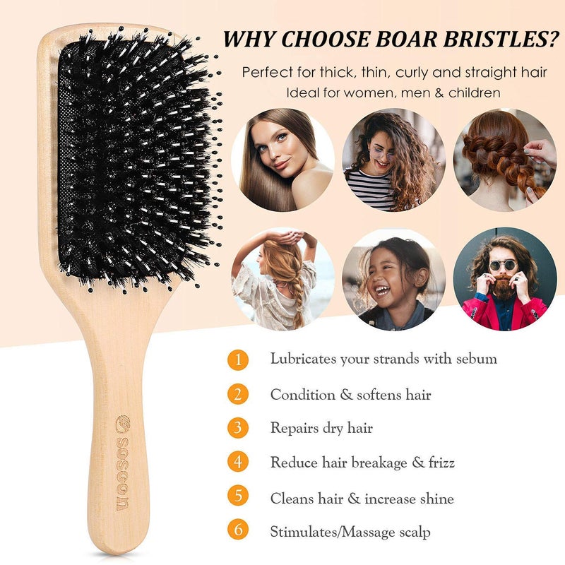 Sosoon Hair Brush, Boar Bristle Paddle Hairbrush for Long Short Thick Thin Curly Straight Wavy Dry Hair for Men Women Kids, No More Tangle, Giftbox & Tail Comb Included - Image 3