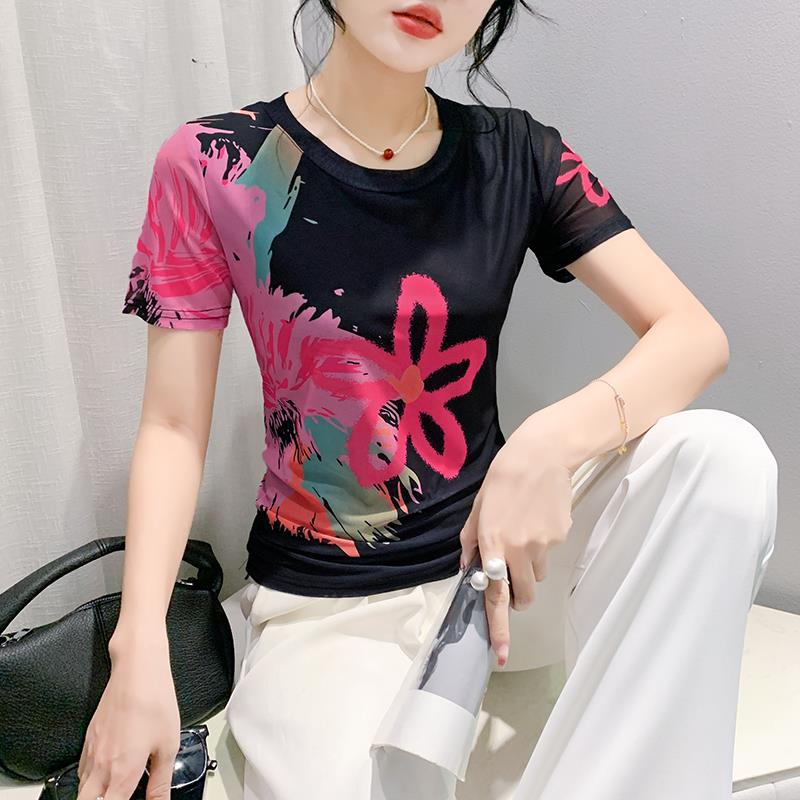 Round Neck High Elastic Mesh T-Shirt For Women 2024 Summer Pattern Printing Fashionable Elegant Short-Sleeved Fashionable Slim Bottoming Shirt - Image 1