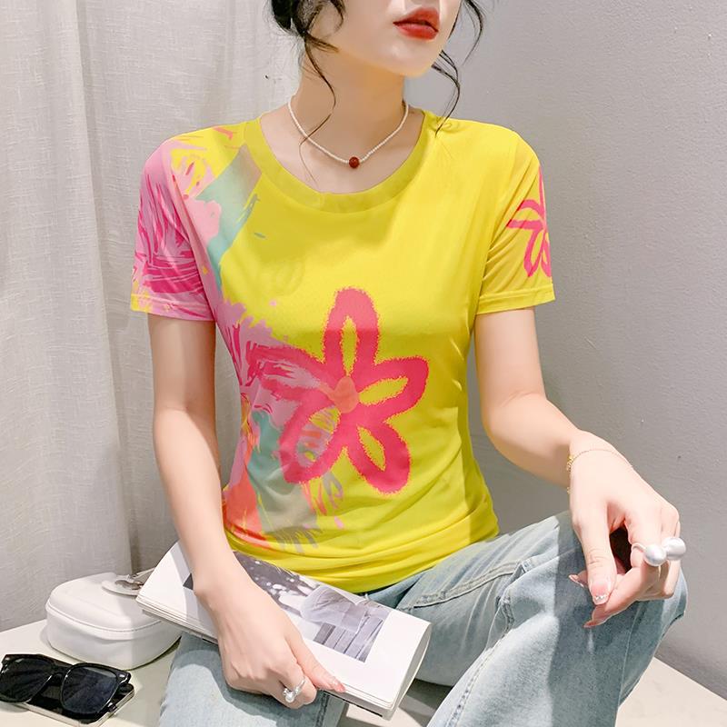 Round Neck High Elastic Mesh T-Shirt For Women 2024 Summer Pattern Printing Fashionable Elegant Short-Sleeved Fashionable Slim Bottoming Shirt - Image 4