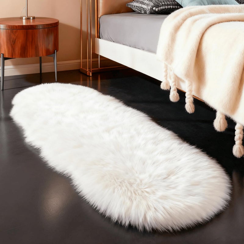linmopm Faux Fur Rug Sheepskin Shag Fluffy Fuzzy White 2x6 ft Runner Rugs for Bedroom Bedside Bed Floor Living Room Plush High-Density Cushion Carpet Super Sofa Cover - Image 2