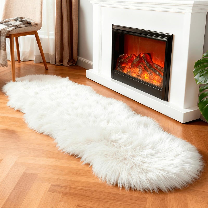 linmopm Faux Fur Rug Sheepskin Shag Fluffy Fuzzy White 2x6 ft Runner Rugs for Bedroom Bedside Bed Floor Living Room Plush High-Density Cushion Carpet Super Sofa Cover - Image 1