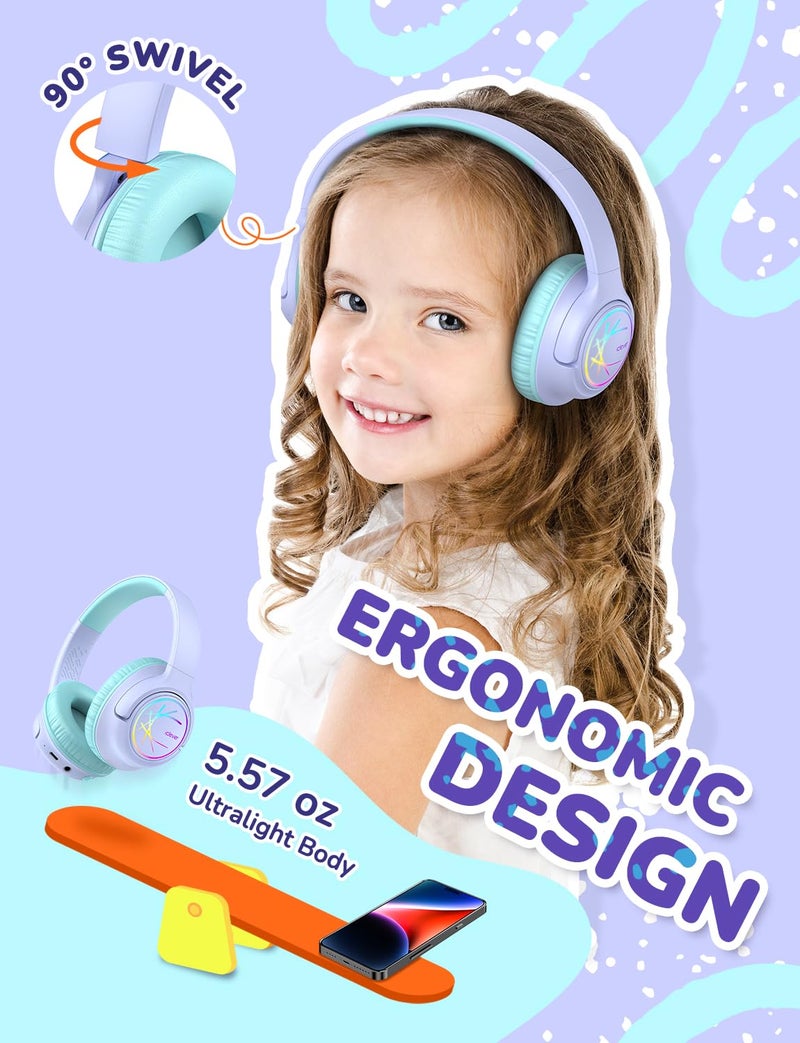iClever Kids Bluetooth Headphones with LED Lights, BTH18 Safe Volume 74/85dBA, 43H Playtime, Bluetooth5.3 Kids Headphones Wireless Aux Cord for iPad/Tablet/Travel/School, Purple - Image 5