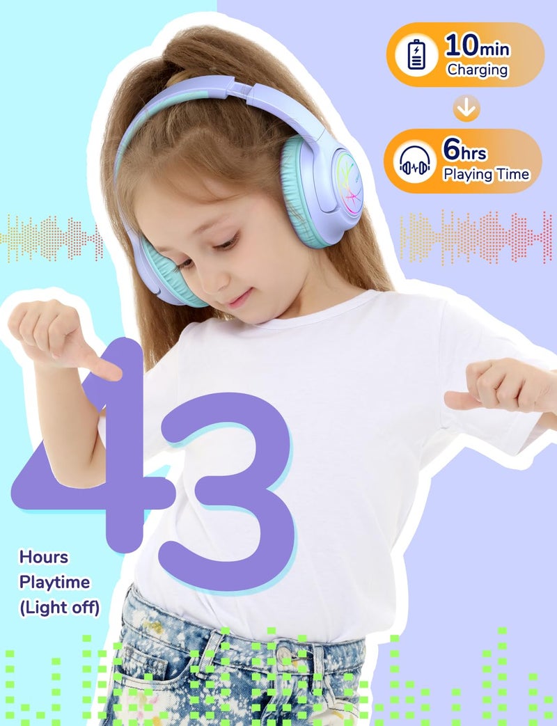 iClever Kids Bluetooth Headphones with LED Lights, BTH18 Safe Volume 74/85dBA, 43H Playtime, Bluetooth5.3 Kids Headphones Wireless Aux Cord for iPad/Tablet/Travel/School, Purple - Image 4