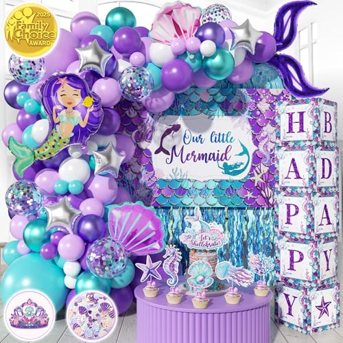 RainMeadow 248 Pieces Little Mermaid Birthday Decorations Kit Allin1 Girls Party Decor Package With Mermaid Tail Balloon Garland Foil Curtains Fabric Backdrop Princess Crown  Purple Teal - Image 1