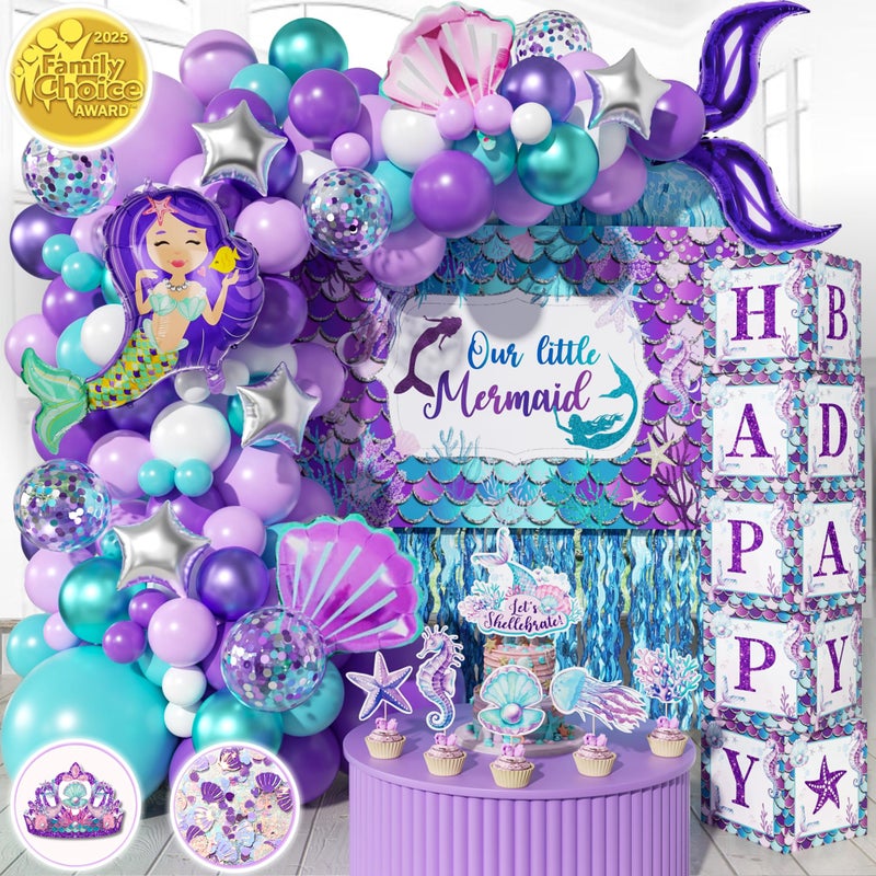 RainMeadow 248 Pieces Little Mermaid Birthday Decorations Kit Allin1 Girls Party Decor Package With Mermaid Tail Balloon Garland Foil Curtains Fabric Backdrop Princess Crown  Purple Teal - Image 2