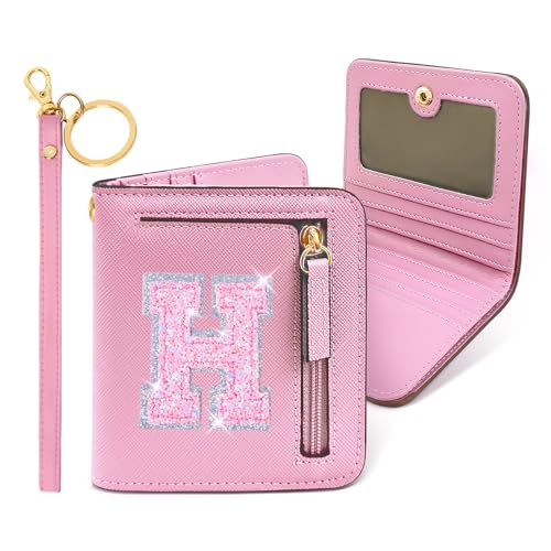 COSHAYSOO Mini Wallet RFID Bifold Travel Essential Purse with Initial Monogrammed Letter Company Anniversary Female Employee Staff Coworker Appreciation Birthday Christmas Thanksgiving Gifts Pink H - Image 1