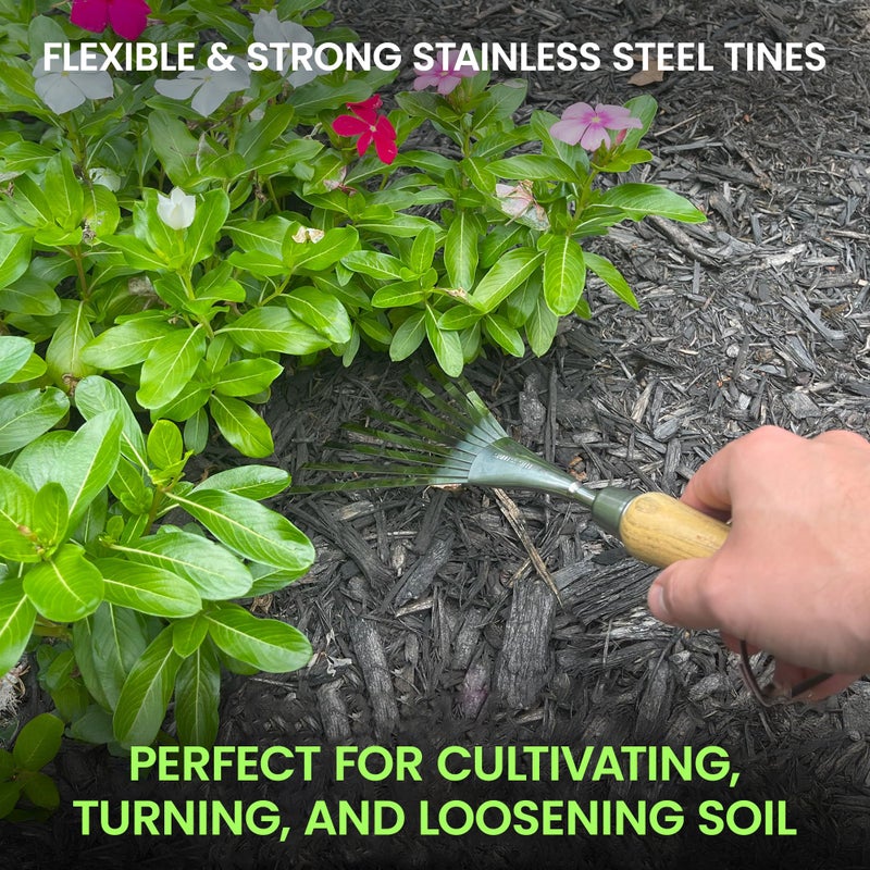 Garden Guru Lawn & Garden Tools Garden Guru Eco Hand Rake Soil Tiller- 100% Recycled Stainless Steel - Rust Resistant - FSC Certified Wood Ergonomic Handle - Great for Gardening, Cultivating, Loosening Soil & Spreading Mulch - Image 3