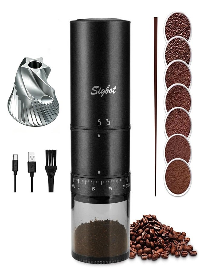 SIGBOT Portable Electric Coffee Grinder - 38 Grind Settings, Conical Burr & Black Stainless Steel Body, Rechargeable Mill for Espresso, Moka Pot, Ideal for Camping and Travel - Image 1
