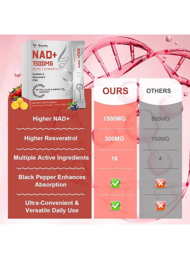 Totaria مكمل سائل NAD 1500 ملغ، قوة إضافية NAD+، ريسفيراترول، يوروليثين A، PQQ تركيبة 16 في 1 مع نيكوتيناميد ريبوسيد لمكافحة الشيخوخة، الطاقة، المناعة، التركيز للرجال والنساء (30 عبوة) - Image 4