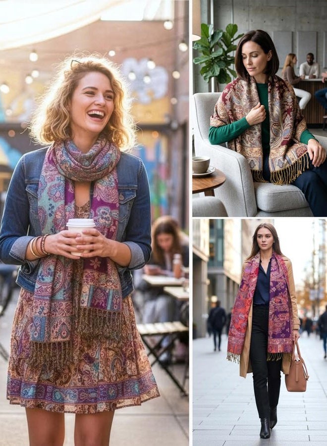 Achillea Elegant Paisley Floral Pashmina Shawl and Wrap – Boho Rave Scarf for Festival, Travel & Everyday Wear, Fuchsia Turquoise, One size - Image 2