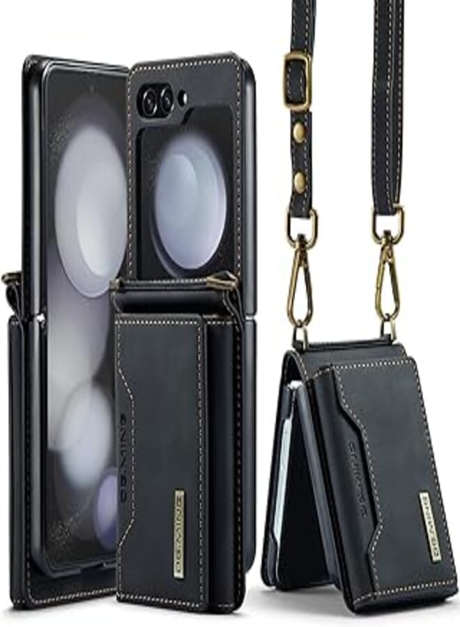 fashion mania Cards Solt Wallet Crossbody Lanyard Leather Cover For Samsung Galaxy Z Flip 5 2023 5G Purse Pocket Shoulder Strap Phone Case (Black) 