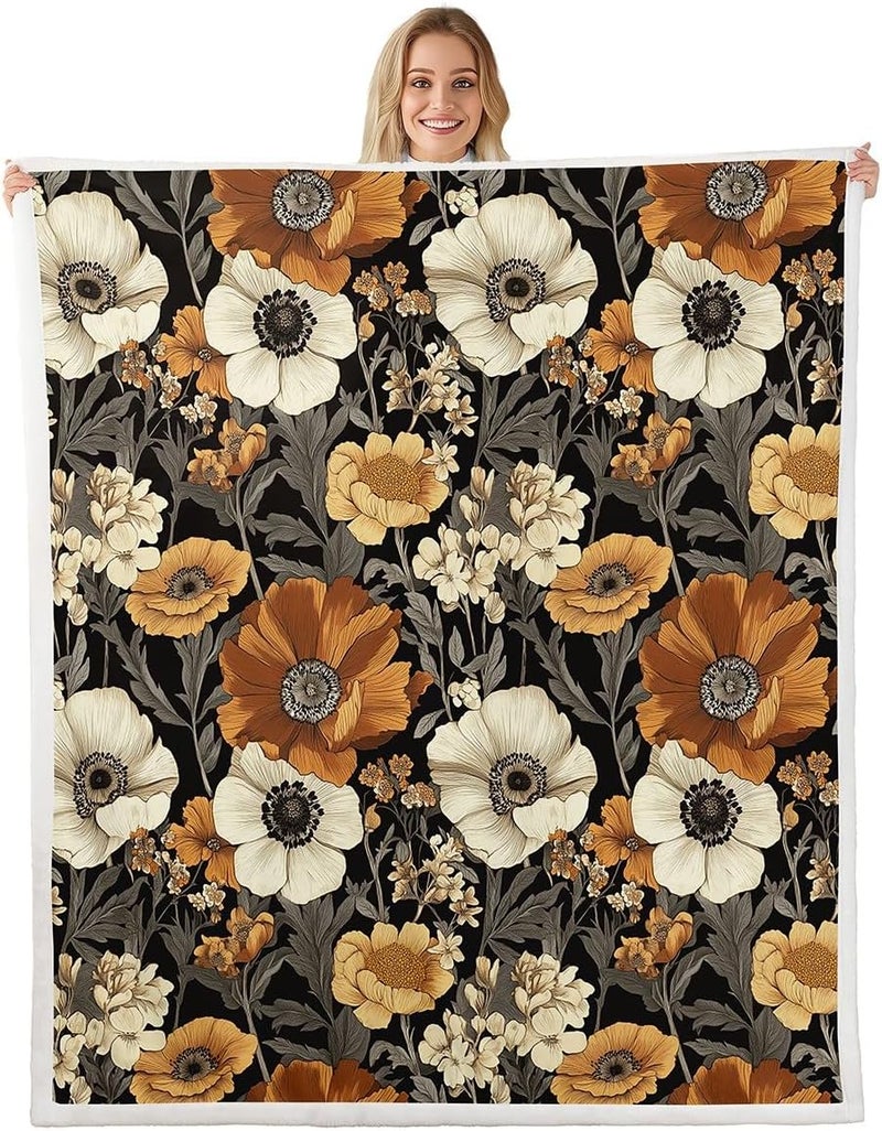 Erosebridal Retro Flowers Sherpa Blanket Boho Blossoms Flowers Fuzzy Plush Throw Rustic Bohemian Fleece Blanket for Kids Boys Girls,Vintage Chic Elegant Decor for Bed Couch Twin 60"x80" - Image 1