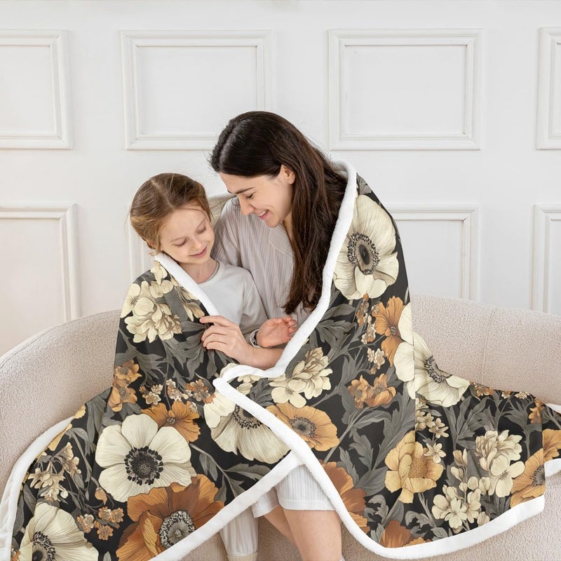 Erosebridal Retro Flowers Sherpa Blanket Boho Blossoms Flowers Fuzzy Plush Throw Rustic Bohemian Fleece Blanket for Kids Boys Girls,Vintage Chic Elegant Decor for Bed Couch Twin 60"x80" - Image 3