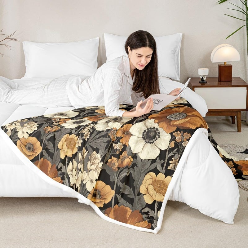 Erosebridal Retro Flowers Sherpa Blanket Boho Blossoms Flowers Fuzzy Plush Throw Rustic Bohemian Fleece Blanket for Kids Boys Girls,Vintage Chic Elegant Decor for Bed Couch Twin 60"x80" - Image 5