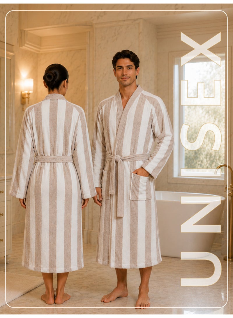 Donetella Striped Bathrobe for Men & Women XL Size - 100% Cotton | Kimono Collar, Highly Absorbent, Quick Dry, Soft Spa Robe with Belt & Pockets - 380 GSM, Everyday Use - Image 3