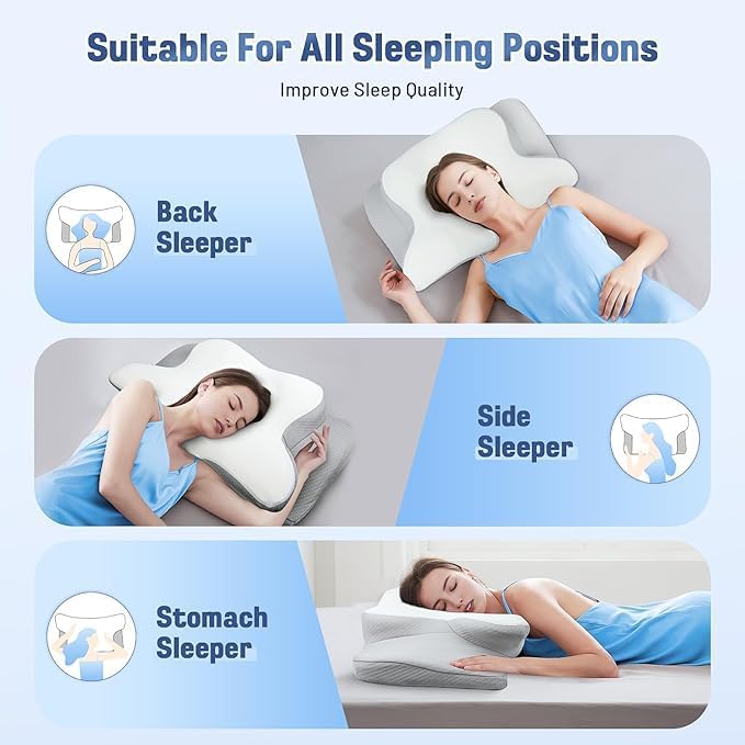 FCYOUO Memory Foam Pillow, 2 in 1 Cleshy Ergonomic Pillow, Pillow for Neck Pain Relief, Neck Support Pillow for Side Back Stomach Sleepers,Orthopedic Contoured Butterfly Shape Cervical Pillow - Image 5