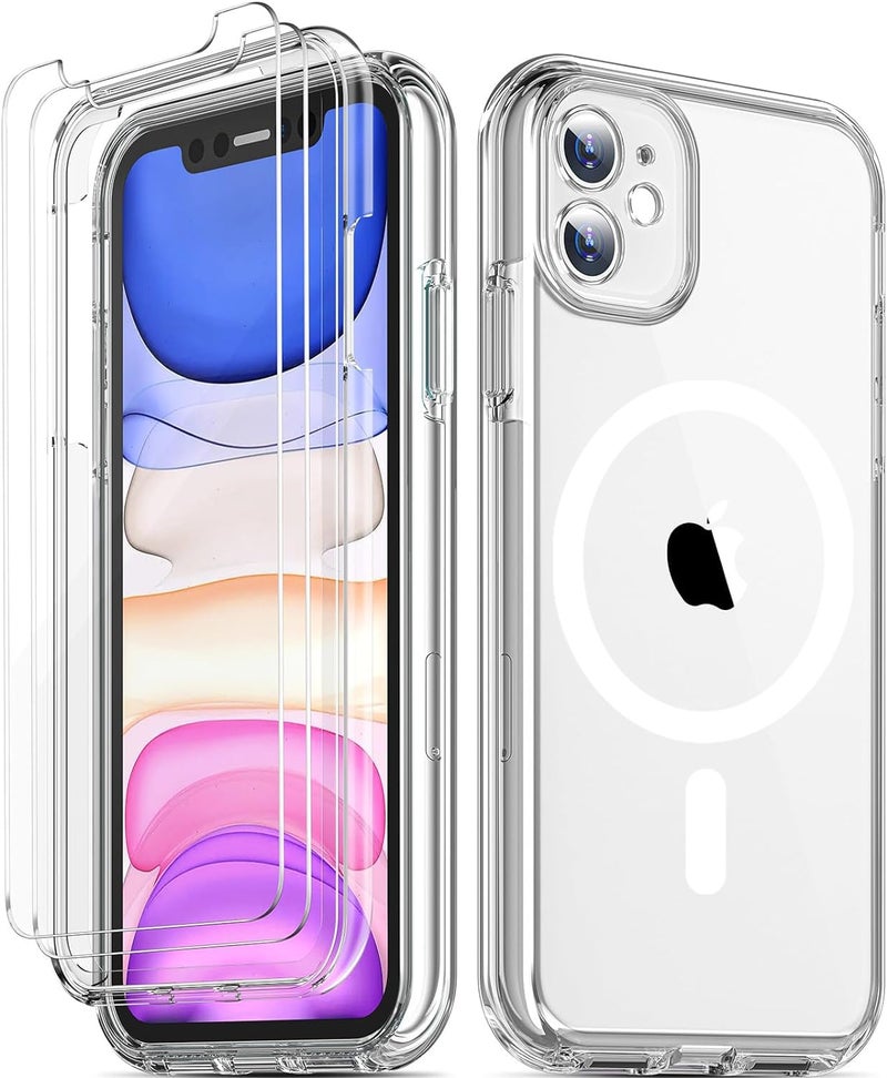 COOLQO Magnetic for iPhone 11 Phone Case with Screen Protectors, Compatible with MagSafe, Military Grade Drop Protection, Dual Layer Heavy Duty Protective Shockproof Phone Case 6.1 inch, Clear - Image 1