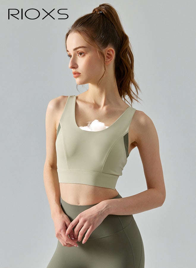 RIOXS Womens Y-Back Sports Bras, Breathable Push Up Scoop Neck Workout Crop Tank Top with Built in Pads, Stretch Yoga Bras Workout Crop Top for Running Hiking Riding, Green - Image 3