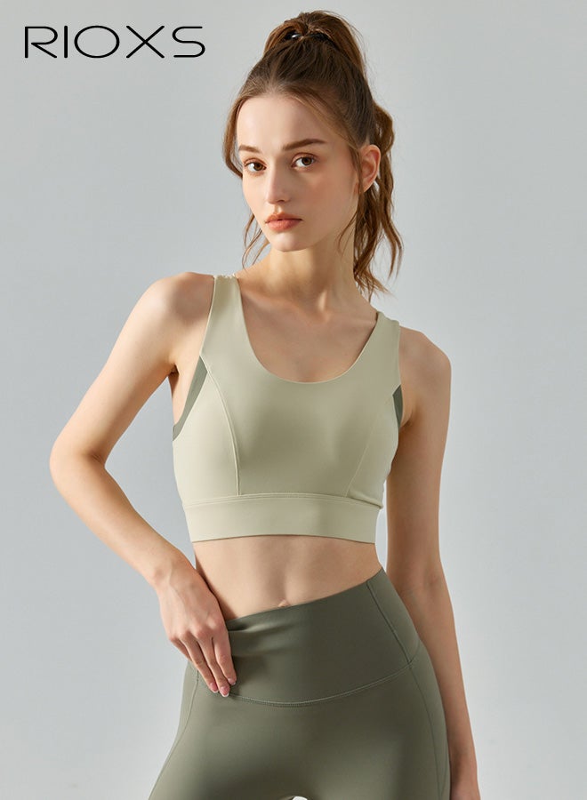 RIOXS Womens Y-Back Sports Bras, Breathable Push Up Scoop Neck Workout Crop Tank Top with Built in Pads, Stretch Yoga Bras Workout Crop Top for Running Hiking Riding, Green - Image 1