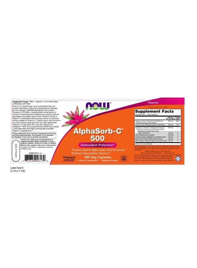 Now Foods AlphaSorb-C 500 Dietary Supplement - 180 Veg Capsules - Image 2