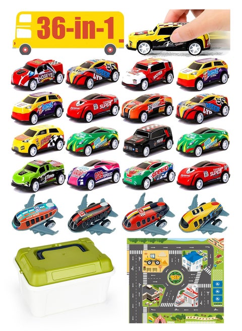 36-in-1 Pull Back Vehicle Toys For Kids Pull Back Car Toy Bulk Metal Race Cars Toys Play-Set (Random Colors) With Storage Box For Toddlers Kids Teacher Reward Prizes Birthday Gifts