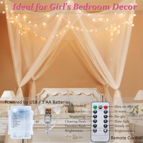 Obrecis White Bed Canopy with Lights for Girls Bedroom Decor, 8 Corner Princess Canopy Bed Curtains with Warm White LED Star String Lights Remote Control Canopy for Bed Twin Full Queen King Size Bed - Image 2