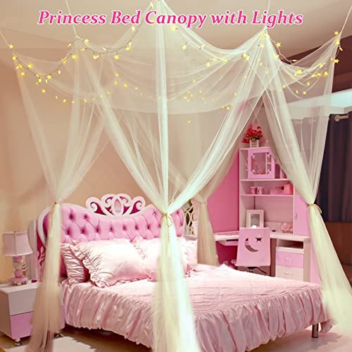 Obrecis White Bed Canopy with Lights for Girls Bedroom Decor, 8 Corner Princess Canopy Bed Curtains with Warm White LED Star String Lights Remote Control Canopy for Bed Twin Full Queen King Size Bed - Image 3
